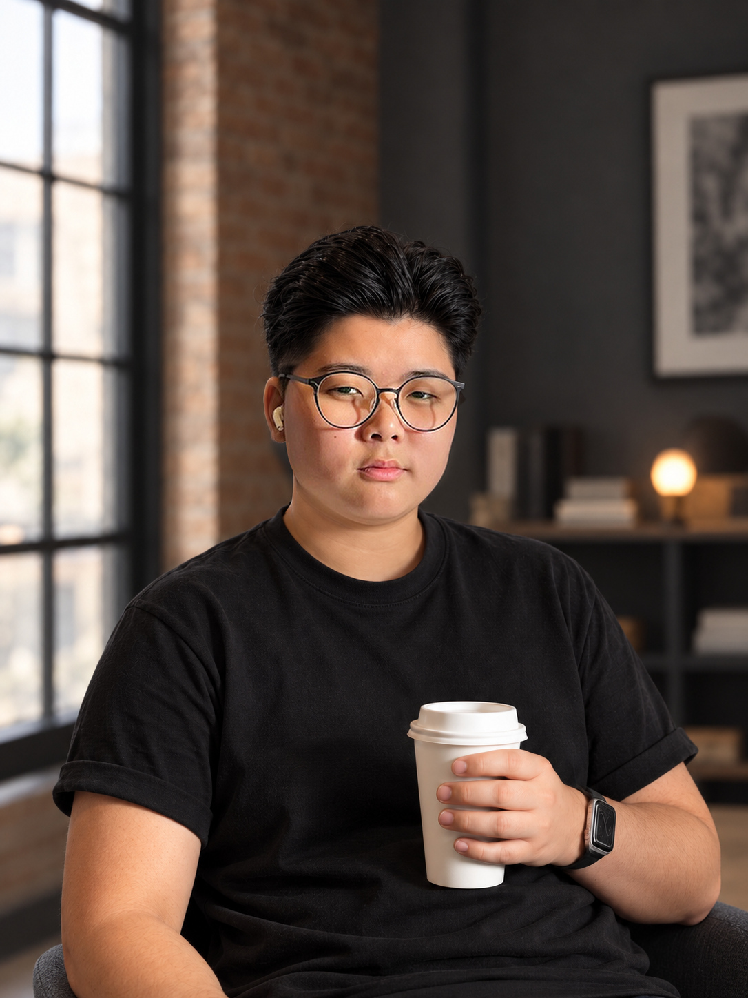 Corina Choy wearing glasses and holding a coffee cup